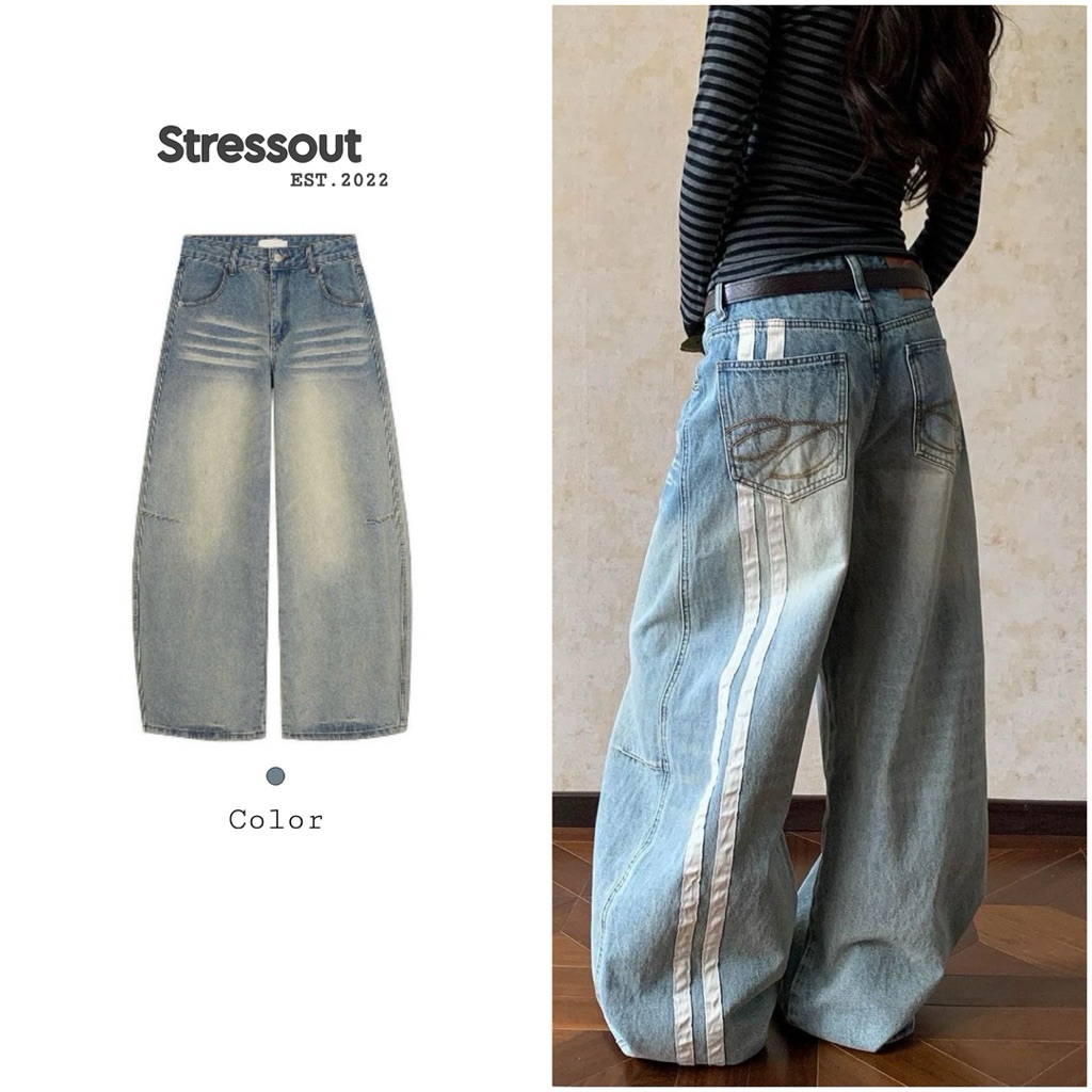 Quần Jeans Ống Rộng Unisex Wash Màu Vintage Phối Sọc Trắng Hoạ Tiết Túi Sau-Stressout | BigBuy360 - bigbuy360.vn