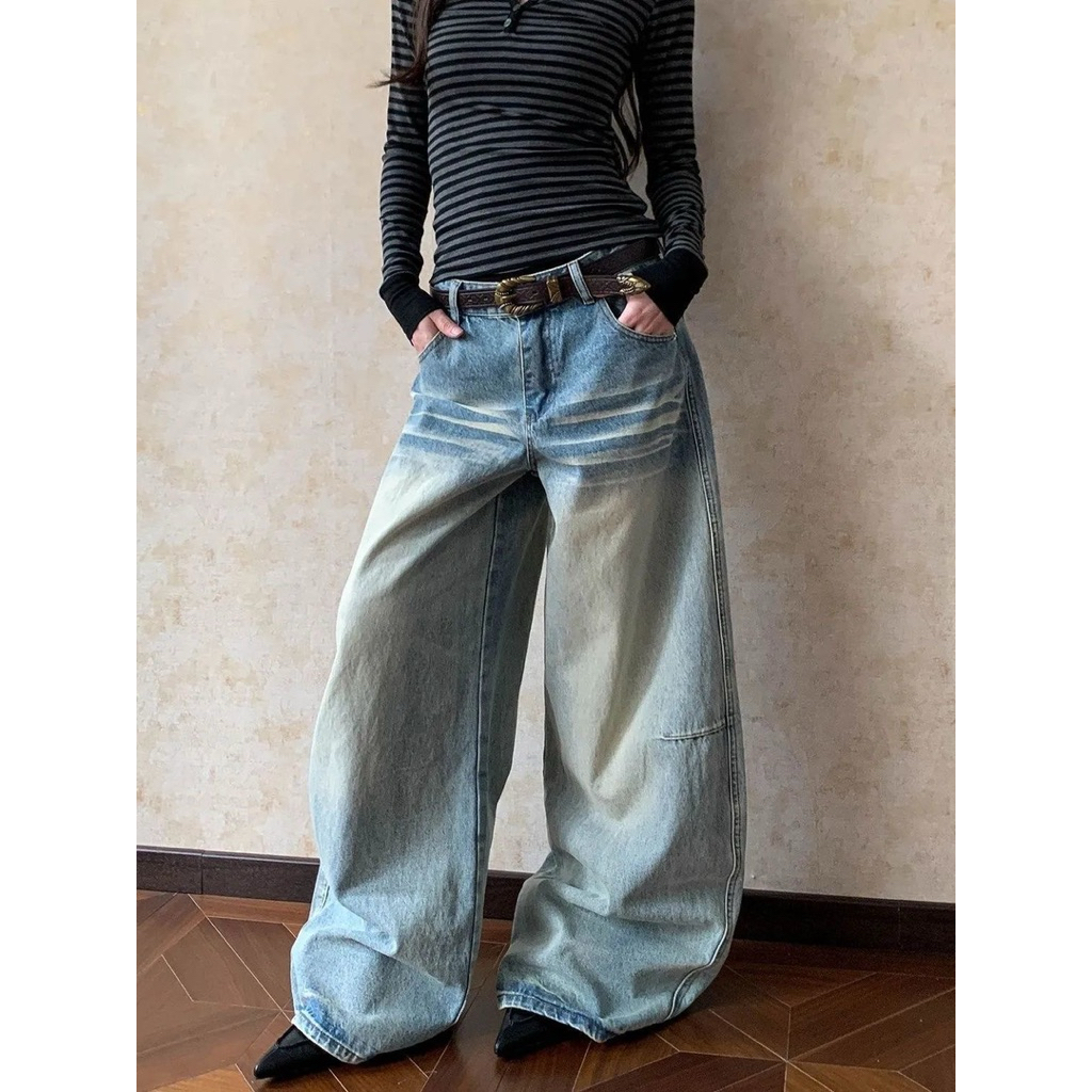 Quần Jeans Ống Rộng Unisex Wash Màu Vintage Phối Sọc Trắng Hoạ Tiết Túi Sau-Stressout | BigBuy360 - bigbuy360.vn