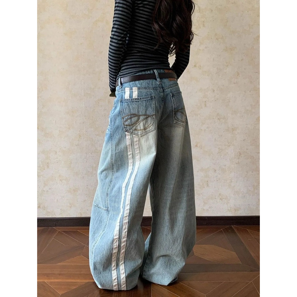 Quần Jeans Ống Rộng Unisex Wash Màu Vintage Phối Sọc Trắng Hoạ Tiết Túi Sau-Stressout | BigBuy360 - bigbuy360.vn