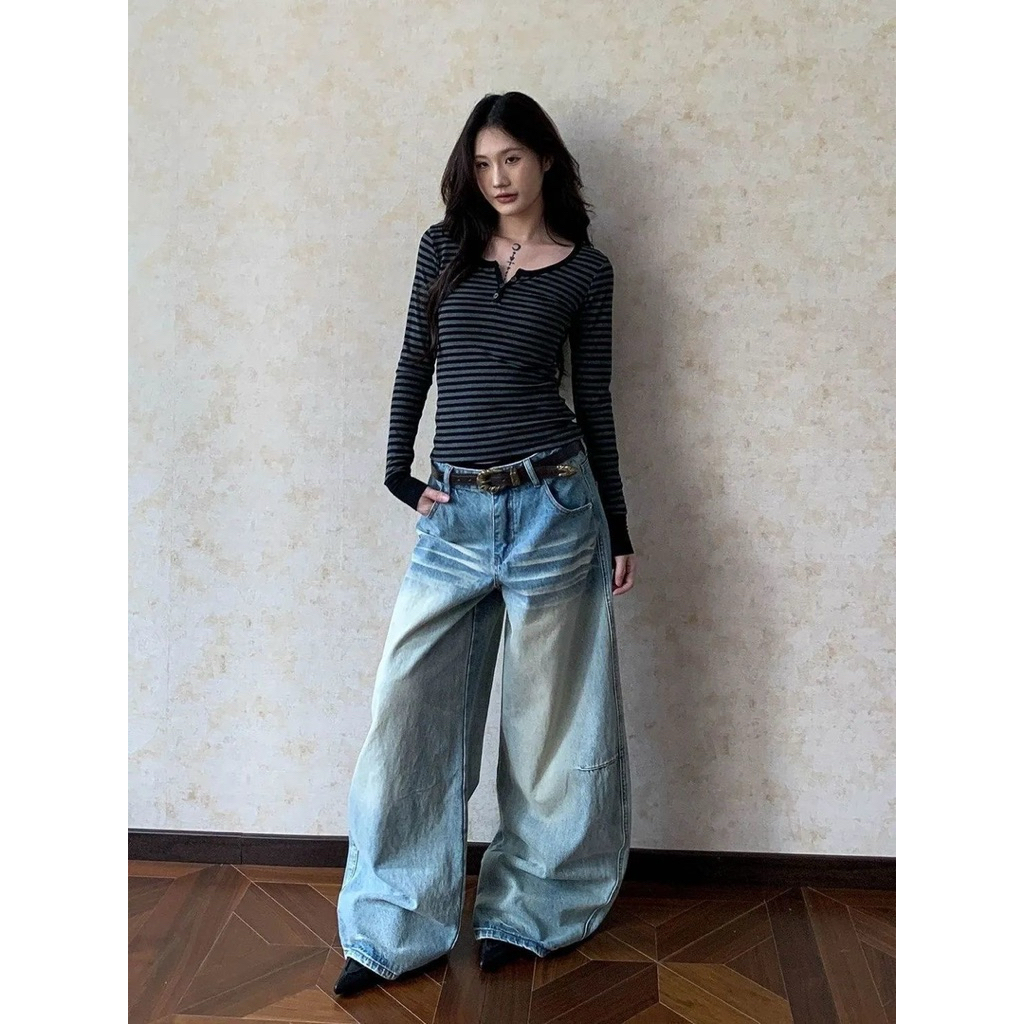 Quần Jeans Ống Rộng Unisex Wash Màu Vintage Phối Sọc Trắng Hoạ Tiết Túi Sau-Stressout | BigBuy360 - bigbuy360.vn