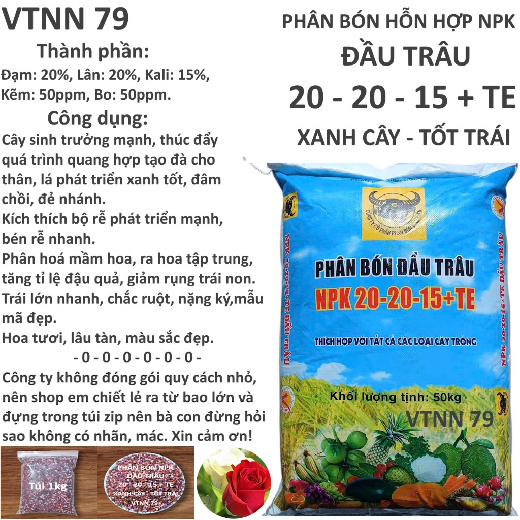 CHIẾT LẺ 1KG PHÂN BÓN NPK 20 20 15 + TE ĐẦU TRÂU XANH CÂY TỐT TRÁI