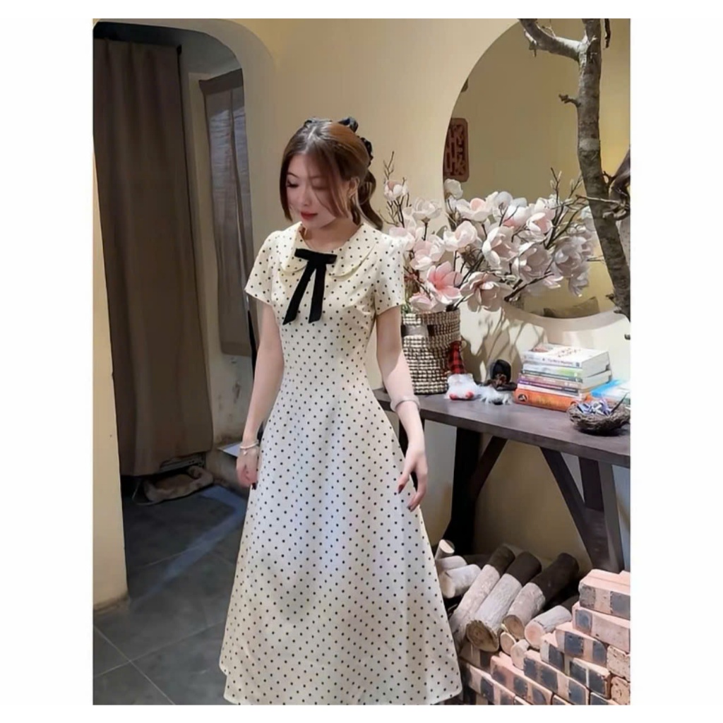 (Hàng Shop): Váy Chấm Bi Cổ Sen Tay Cộc Đính Nơ Đen Chiết Eo Dáng Xoè 2 From Ngắn Dài-Ảnh Thật Lollaye | BigBuy360 - bigbuy360.vn