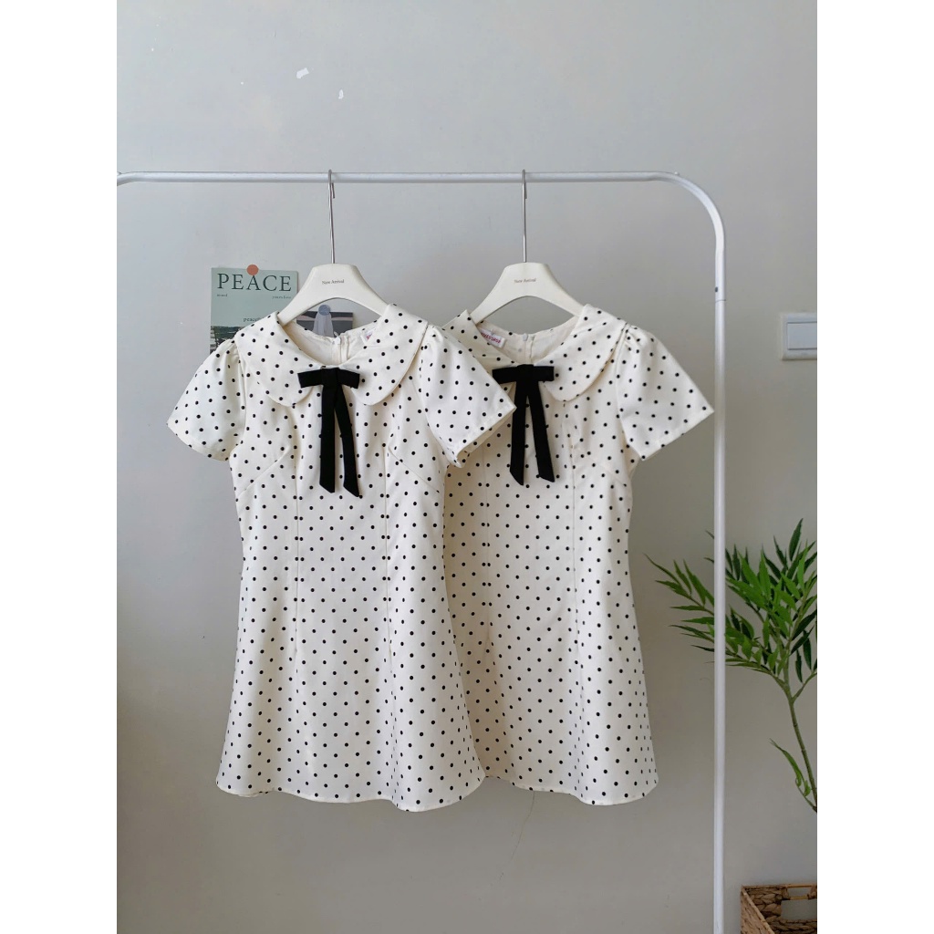 (Hàng Shop): Váy Chấm Bi Cổ Sen Tay Cộc Đính Nơ Đen Chiết Eo Dáng Xoè 2 From Ngắn Dài-Ảnh Thật Lollaye | BigBuy360 - bigbuy360.vn
