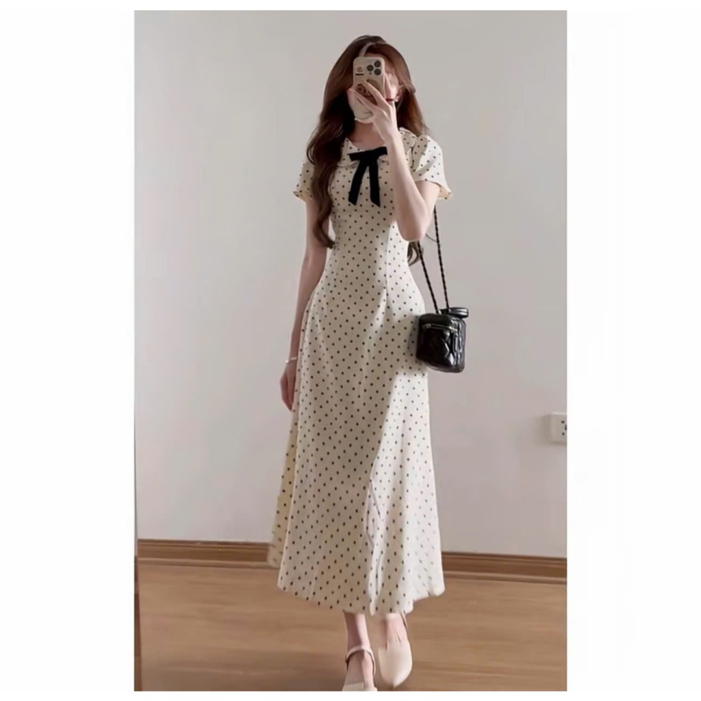 (Hàng Shop): Váy Chấm Bi Cổ Sen Tay Cộc Đính Nơ Đen Chiết Eo Dáng Xoè 2 From Ngắn Dài-Ảnh Thật Lollaye | BigBuy360 - bigbuy360.vn