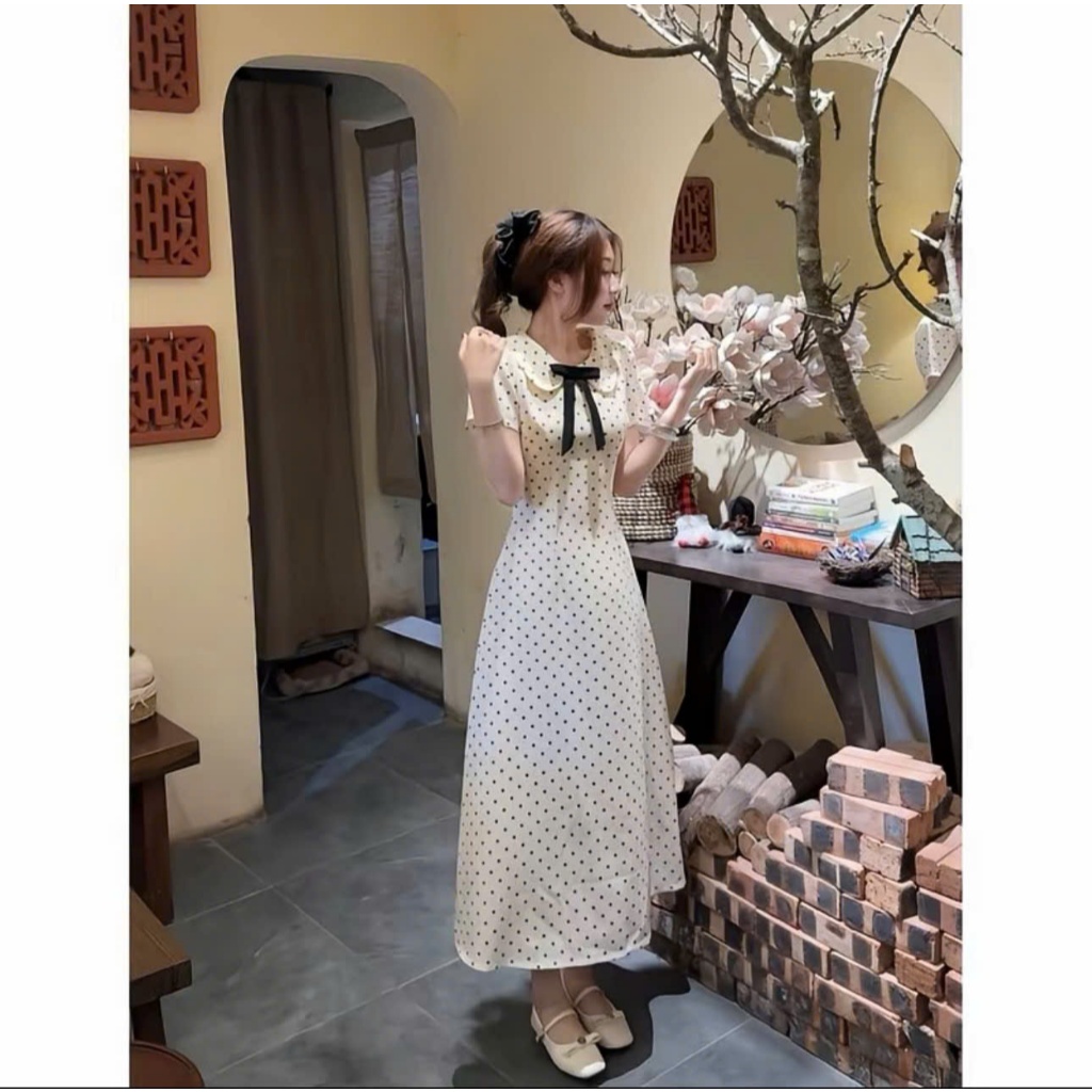 (Hàng Shop): Váy Chấm Bi Cổ Sen Tay Cộc Đính Nơ Đen Chiết Eo Dáng Xoè 2 From Ngắn Dài-Ảnh Thật Lollaye | BigBuy360 - bigbuy360.vn