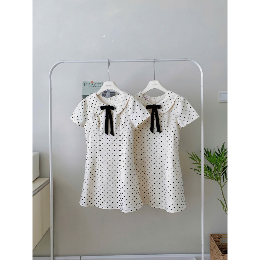 (Hàng Shop): Váy Chấm Bi Cổ Sen Tay Cộc Đính Nơ Đen Chiết Eo Dáng Xoè 2 From Ngắn Dài-Ảnh Thật Lollaye | BigBuy360 - bigbuy360.vn