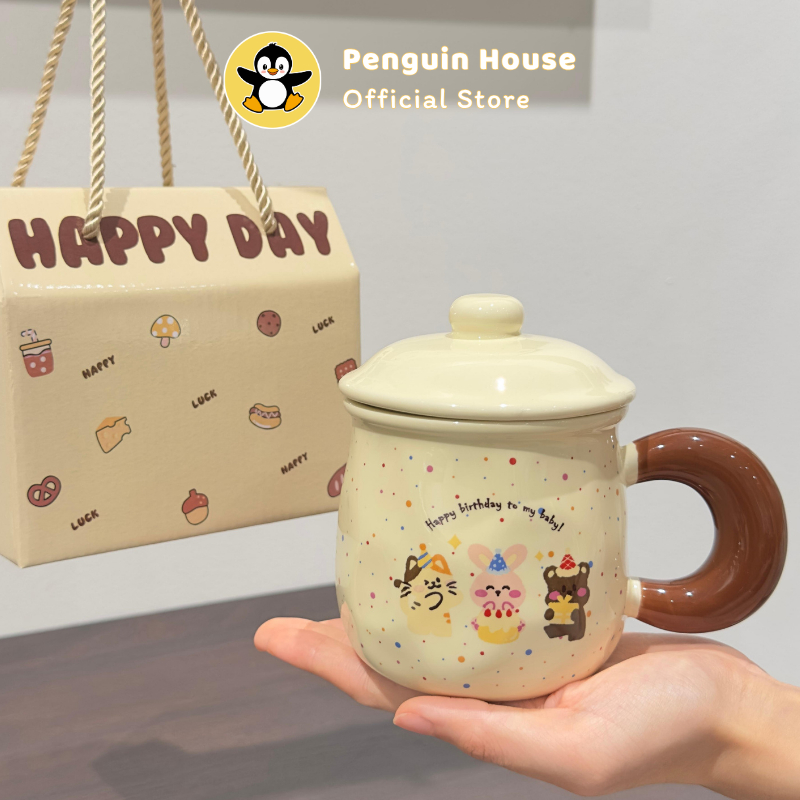 [Penguin] Cốc sứ quà tặng Happy Day cute 350ml quà tặng sinh nhật bạn gái, ly sứ dễ thương tặng bạn thân
