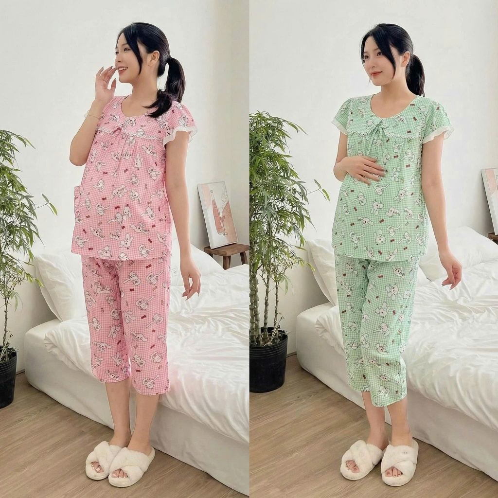 Đồ Bộ Bầu Lụa Mango Caro Họa Tiết Dễ Thương Trẻ Trung Cho Mẹ Bầu -YUMI STORE