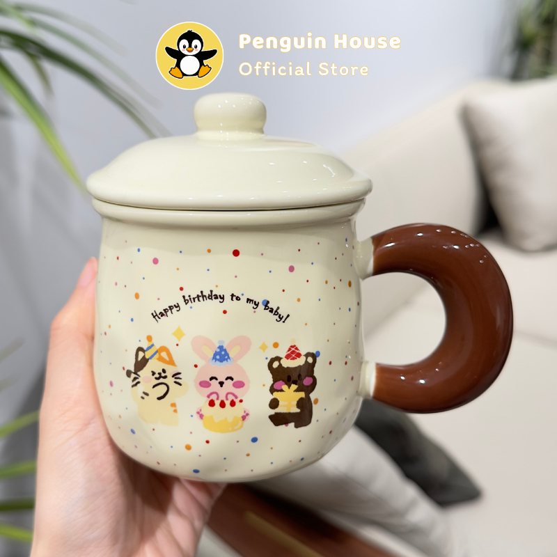 [Penguin] Cốc sứ cute Happy day 350ml ly sứ decor, ly sứ uống nước, cốc uống nước dễ thương