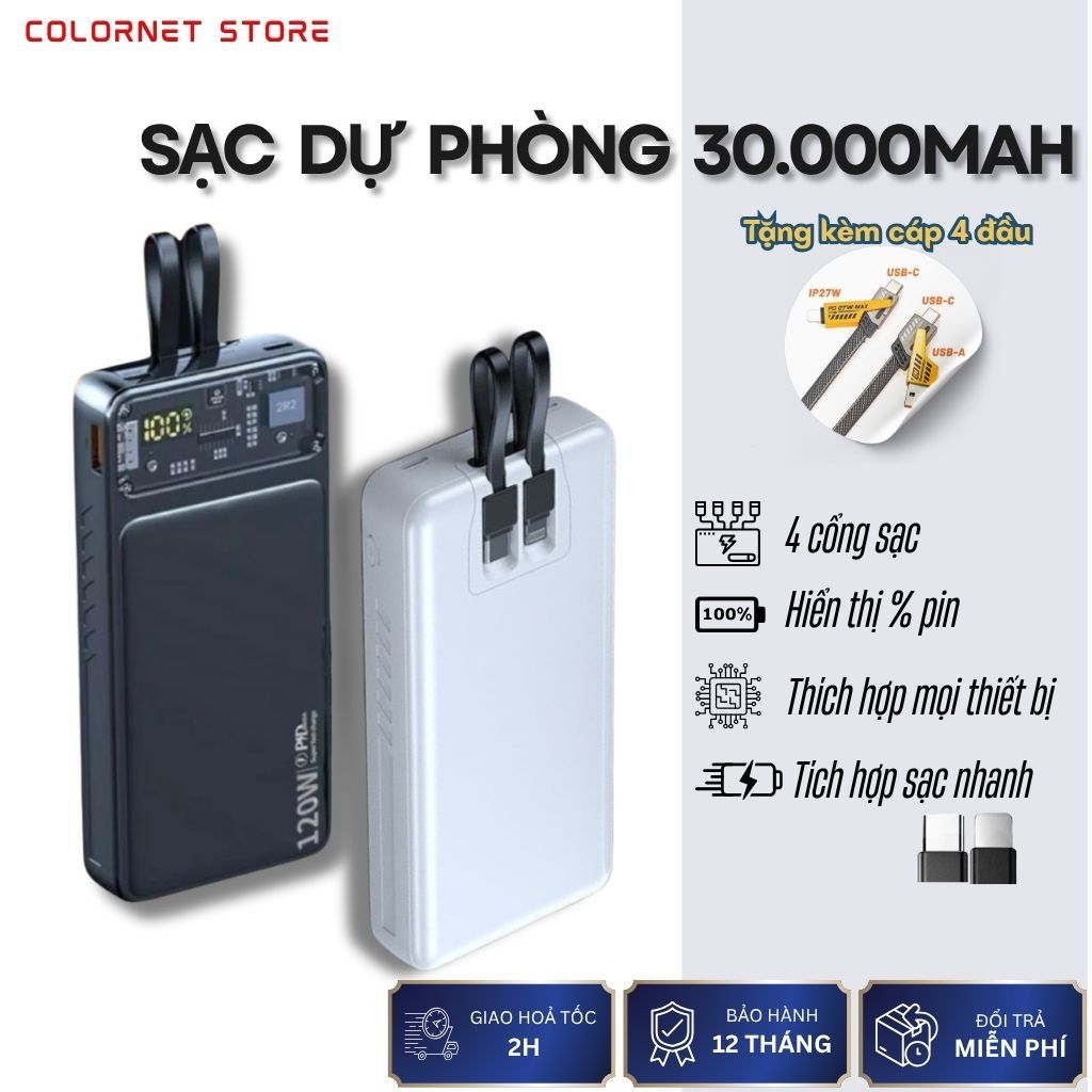 Sạc dự phòng 30.000mAh  – Sạc Siêu Nhanh, Có Dây Sẵn, sạc Cực Trâu, LED báo phần trăm Thông Minh