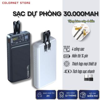 Sạc dự phòng 30.000mAh  – Sạc Siêu Nhanh, Có Dây Sẵn, sạc Cực Trâu, LED báo phần trăm Thông Minh