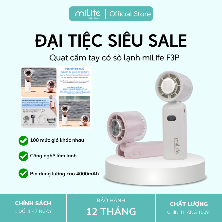 Quạt Cầm Tay miLife F3P Băng Lạnh- Pin 4000mAh, Gập Cổ, 100 cấp độ gió -BH 12 Tháng - miLfe Việt Nam