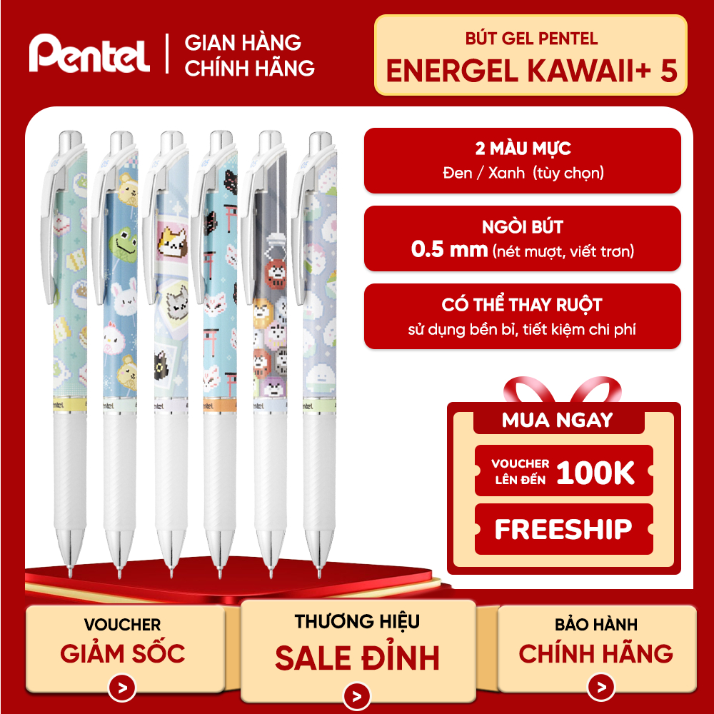 Bút Gel Bấm Pentel Energel Kawaii+ 5: Pixel Art Ngòi 0.5mm - BLN75KW