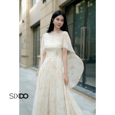 Đầm voan dáng xòe họa tiết phối choàng SIXDO (Dark Cream Voile Flared Dress)