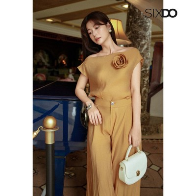 Quần ống suông rộng trơn dáng dài SIXDO (Glitzy Gold Organza Loose Pants)