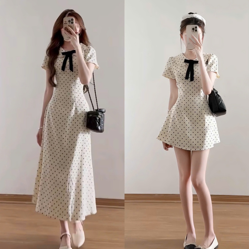 (Hàng Shop): Váy Chấm Bi Cổ Sen Tay Cộc Đính Nơ Đen Chiết Eo Dáng Xoè 2 From Ngắn Dài-Ảnh Thật Lollaye | BigBuy360 - bigbuy360.vn