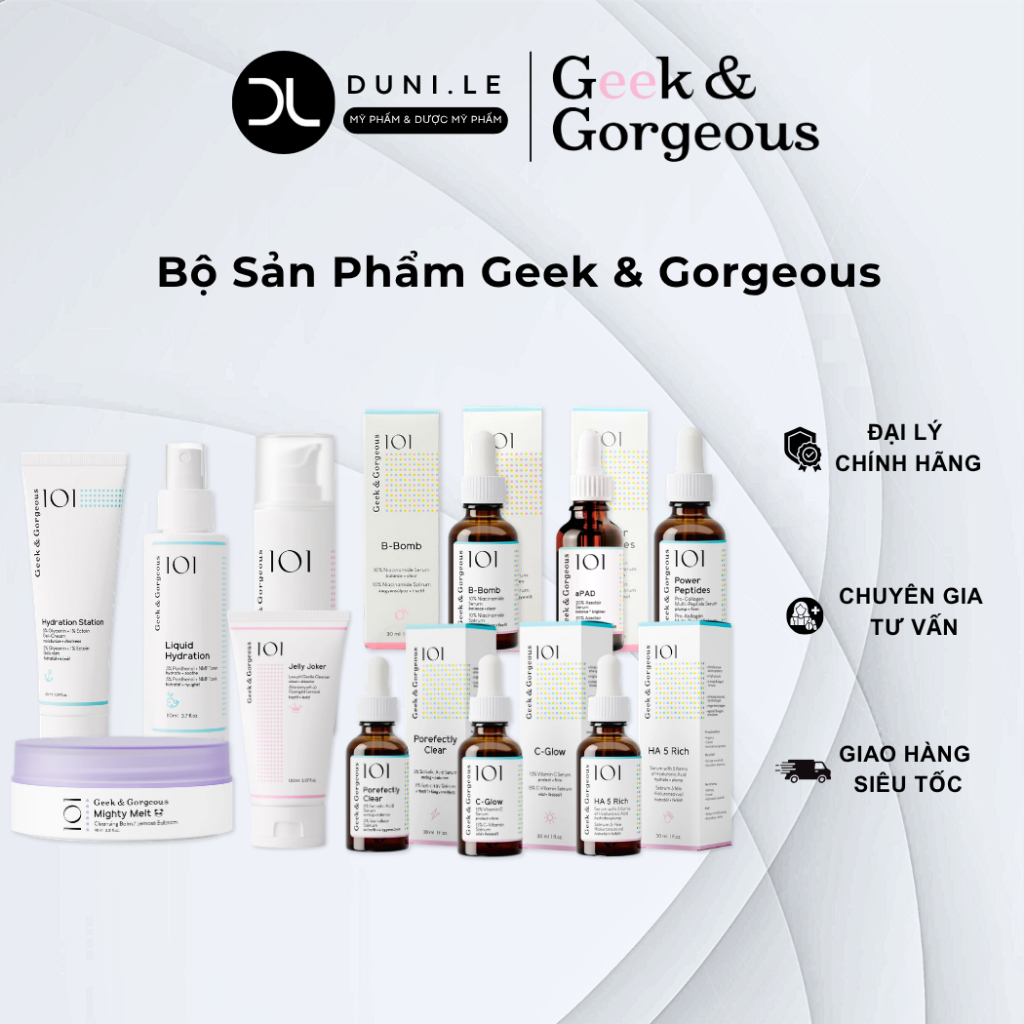 [Geek & Gorgeous] Bộ Serum Chăm Sóc Da, Cấp Ẩm, Phục Hồi & Làm Sáng Da, Cải Thiện Lão Hoá | Duni Le Cosmetics