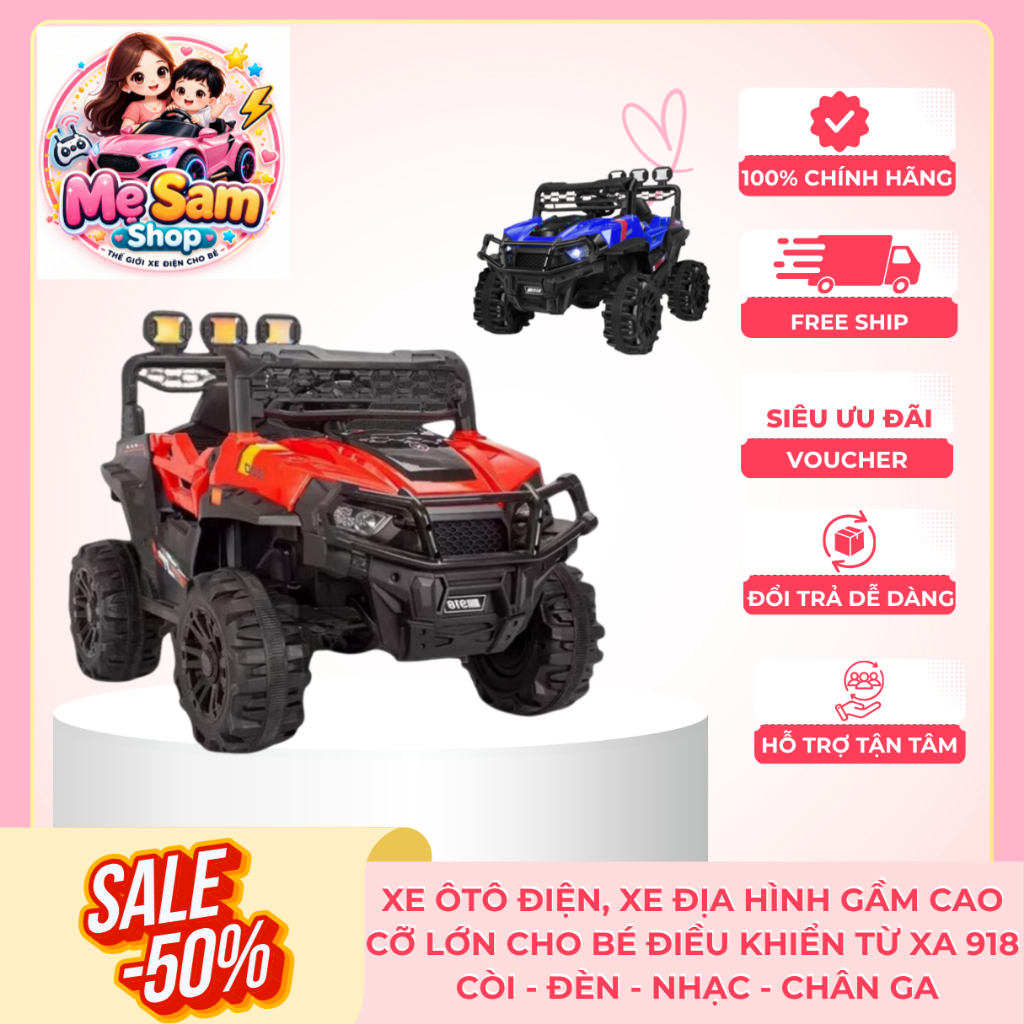 Xe ô tô điện trẻ em 918 địa hình 2 chỗ, Điều khiển từ xa, Xe điện cho bé có nhạc đèn LED, Gầm cao