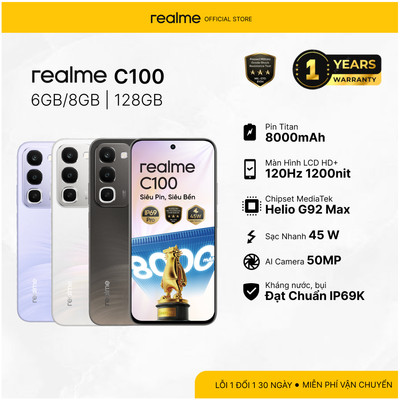Điện thoại realme C100 RAM 6GB/8GB ROM 128GB - Pin 8000mAh - Màn Hình 120Hz - Sạc Nhanh 45W