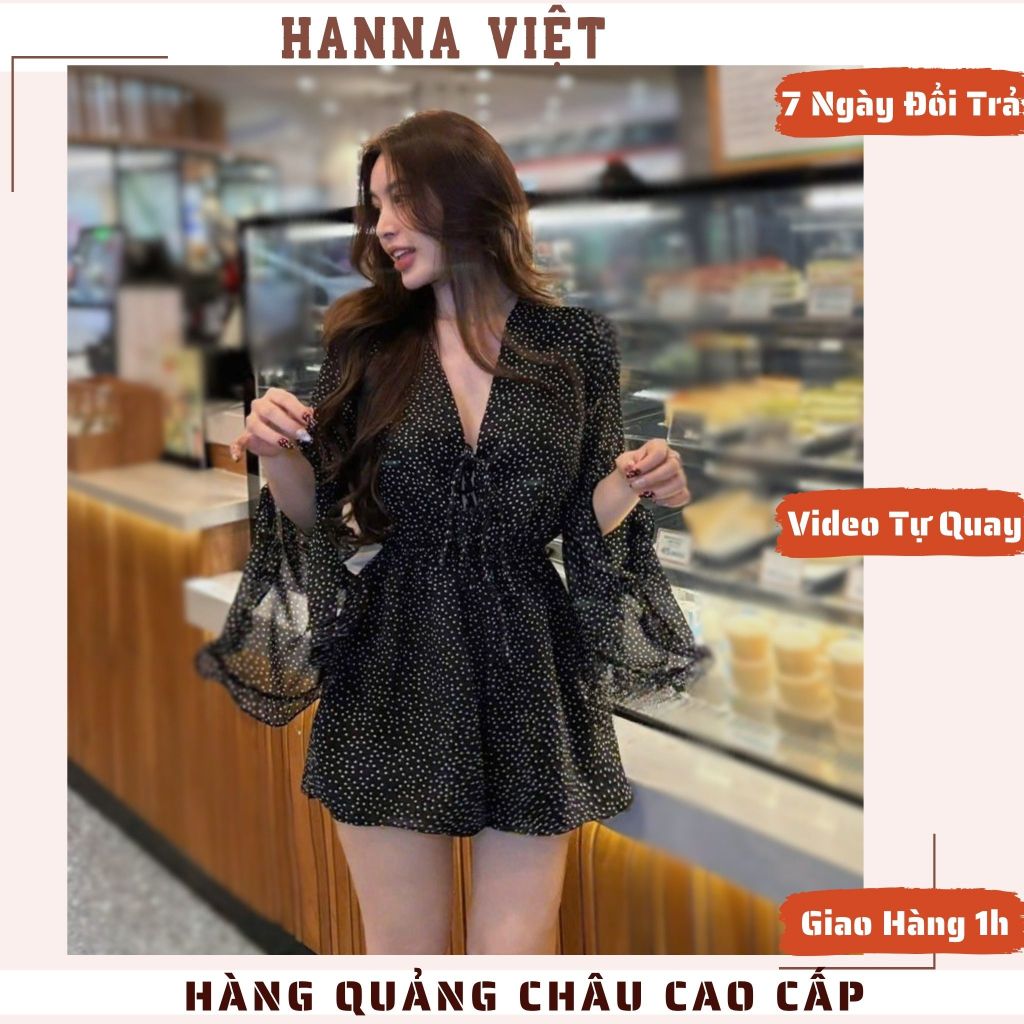 Váy Nữ, Đồ Đi Biển, Jump Đen Chấm Bi Tay Xẻ Cổ V Sang Chảnh Chất Đẹp Loại 1 HCM Ms398