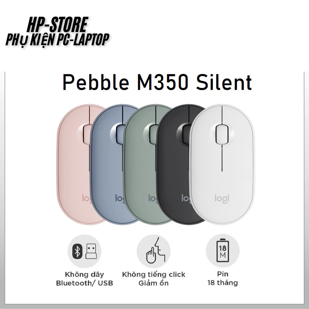 Chuột Không Dây Logi Pebble M350 Silent, Chuột Văn Phòng, Kết Nối Bluetooth, USB, kèm Pin, BH 12T