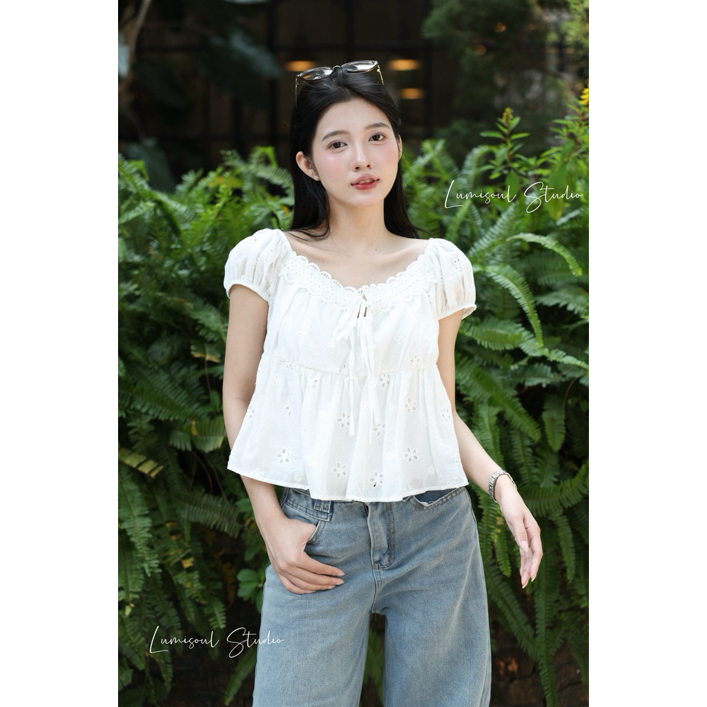 𝗟𝘂𝗺𝗶𝘀𝗼𝘂𝗹 𝗦𝘁𝘂𝗱𝗶𝗼- Áo Babydoll AIMEE Thô boil Phối Cổ Phối Ren, Cách Điệu Dễ Thương [L-34]