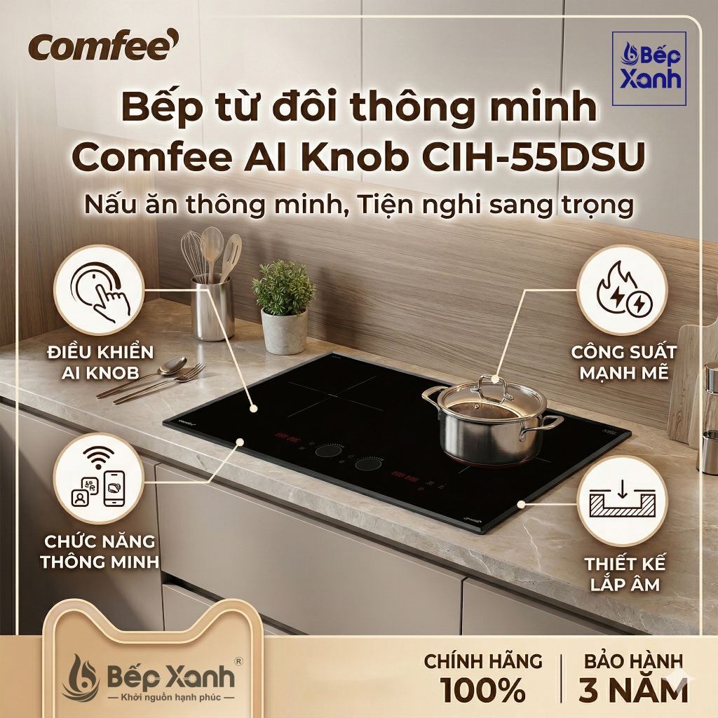 CIH-55DSU - New | Bếp từ đôi Comfee CIH-55DSU - Điều khiển AI Knob siêu nhạy, Công suất 5500W, Bảo h