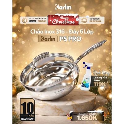 Chảo Inox KARLIN P5 Pro Đáy 5 Lớp Size 24cm Inox 316 Chống Dính Tự Thân_Thương Hiệu Đức