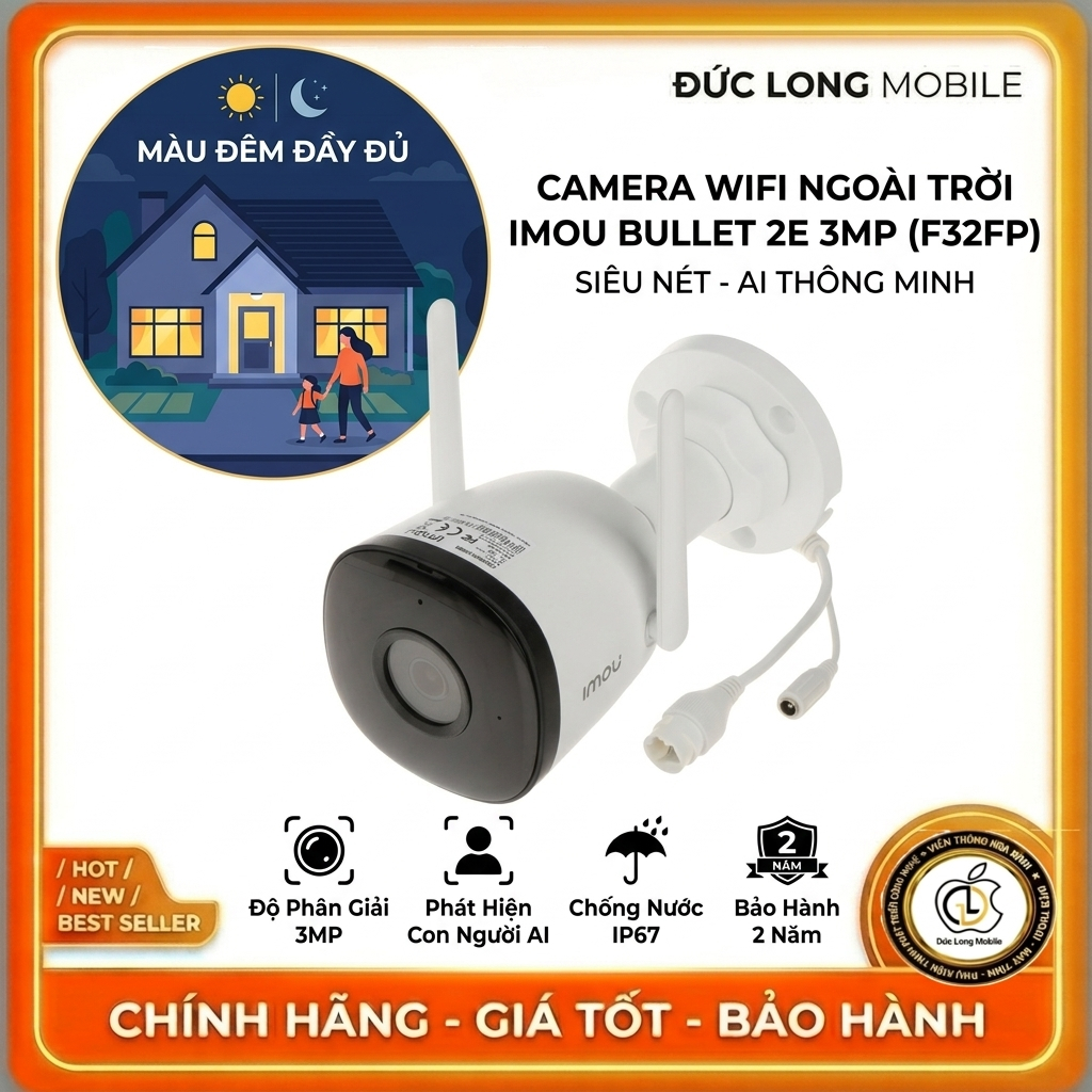Camera WiFi Ngoài Trời IMOU Bullet 2E F32FP 3MP 4MP 5MP Màu Đêm Phát Hiện Người Bảo Hành 2 Năm CAMER