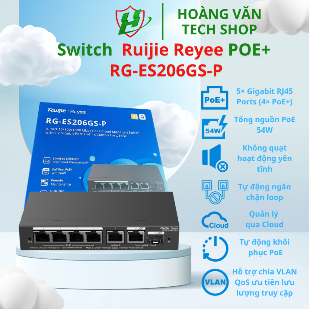 Bộ Chia Mạng Reyee Switch PoE+ 5/6 Port Gi Kèm SFP RG-ES205GC-P/RG-ES206GS-P, Quản Lý Cloud