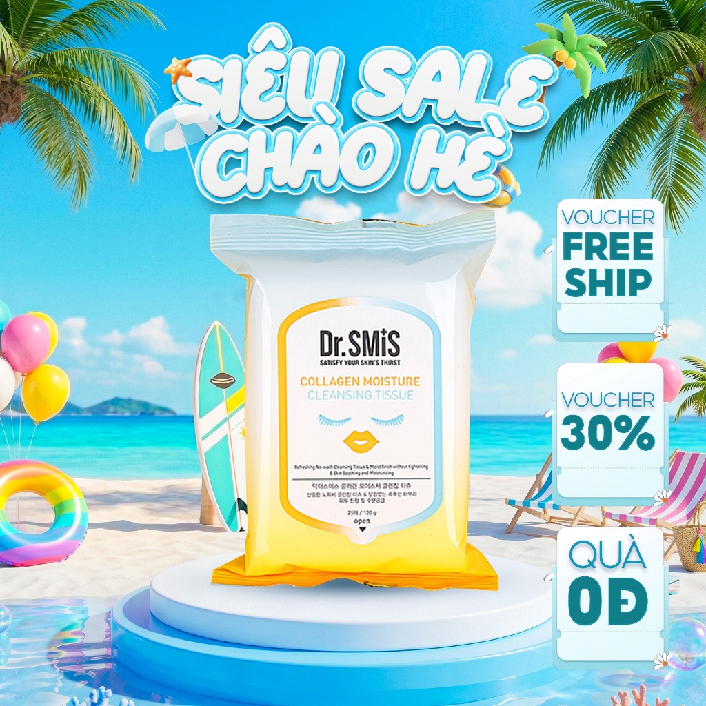Khăn ướt tẩy trang Dr.SmiS Collagen Daycell làm sạch da tiện lợi túi 25 miếng