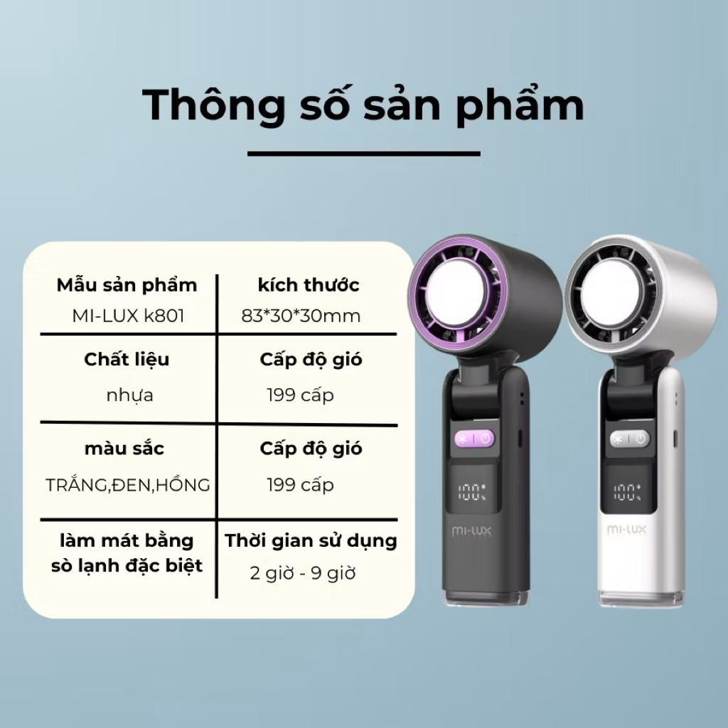 QUẠT CẦM TAY TÍCH ĐIỆN MILUXURY K801 (4000mAh)