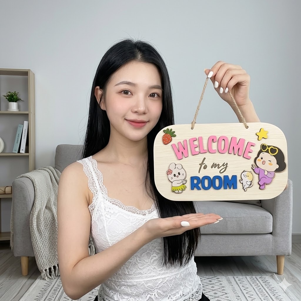 Tranh treo decor cute mừng bạn về nhà tạo niềm vui mỗi ngày , Bảng gỗ trang trí phòng khách , decor 