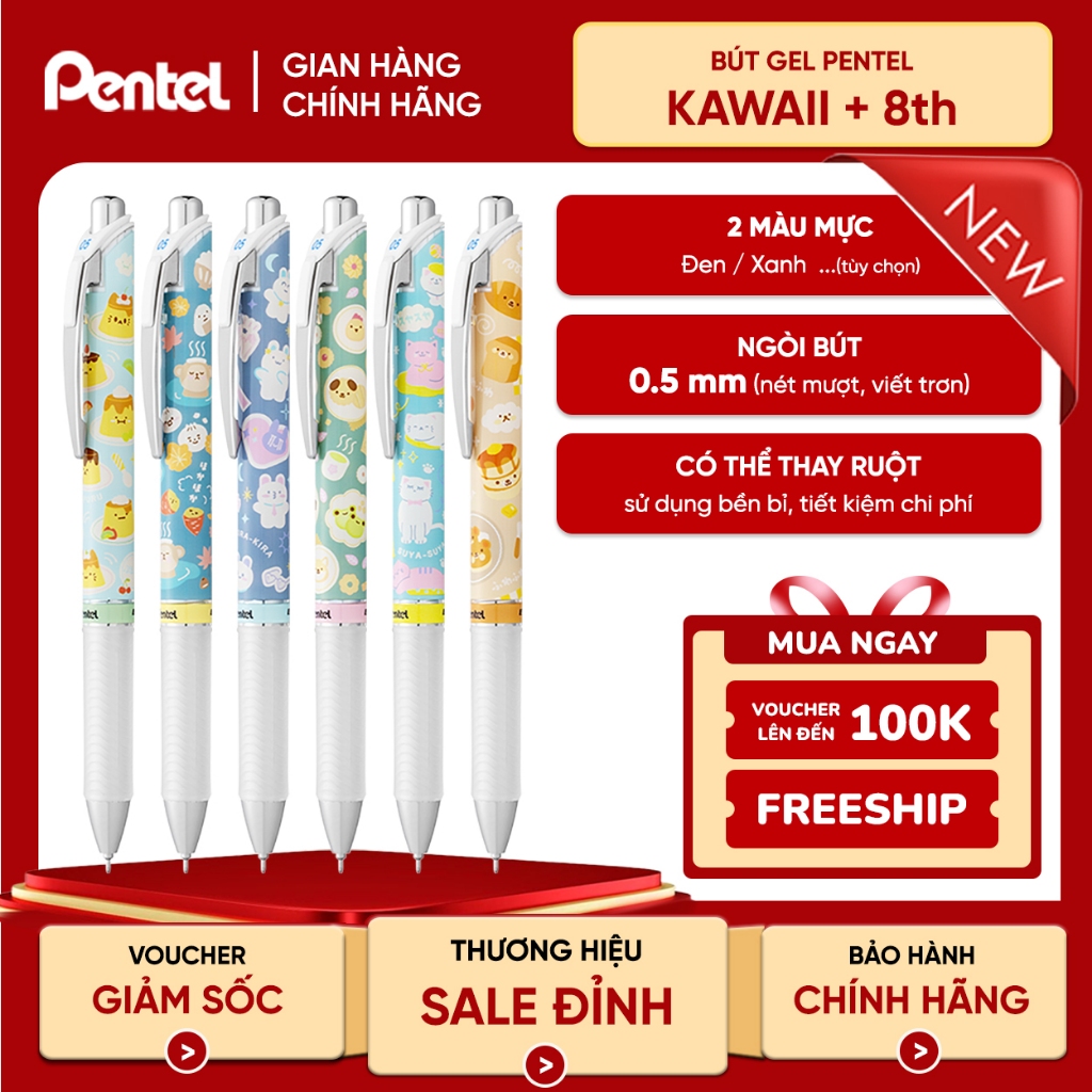 Bút Gel Bấm Pentel Energel Kawaii+ 8 BLN75KW Cỡ Ngòi 0.5mm