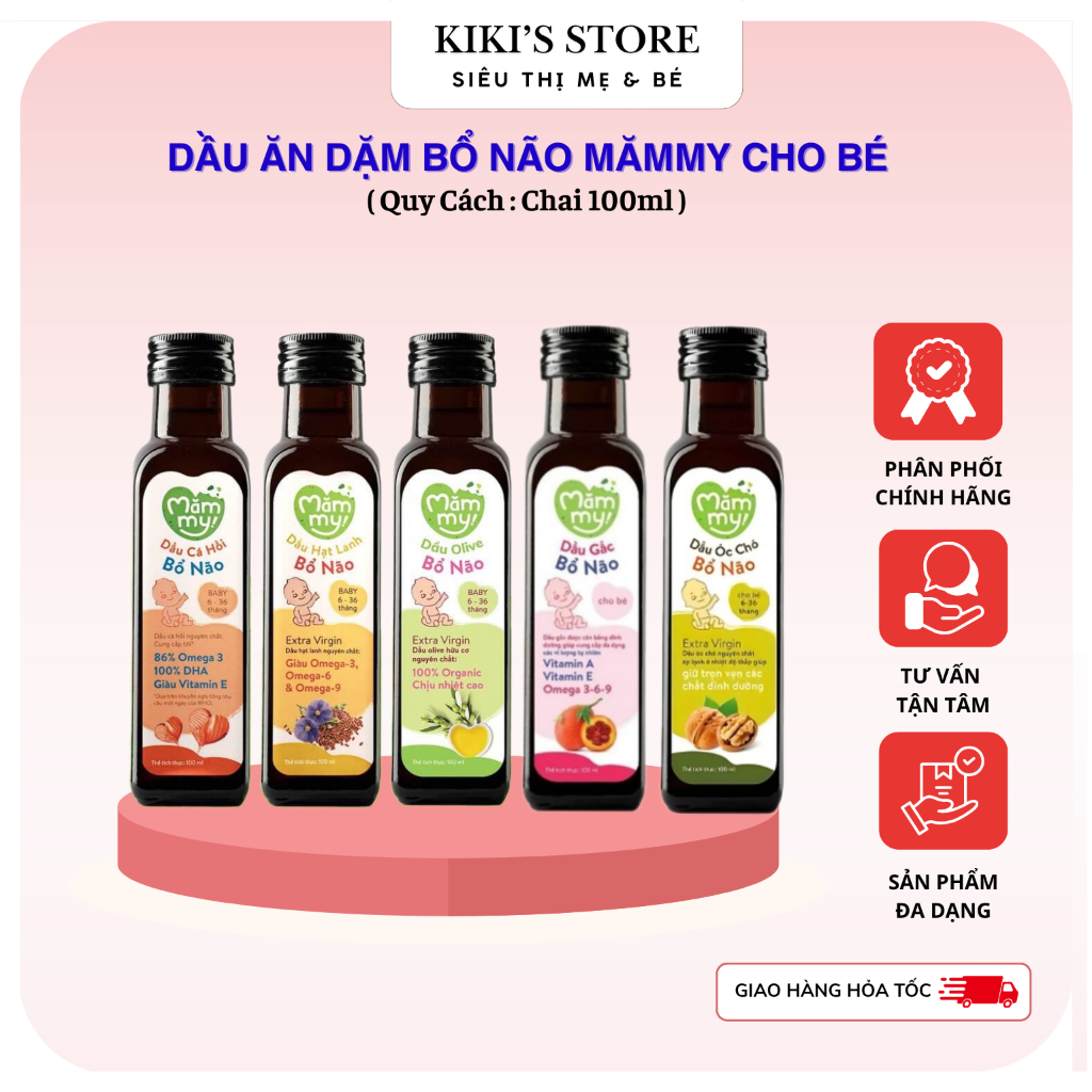 Dầu ăn dặm Mămmy cho bé từ 6 tháng 100ml Mămmy/Dầu ăn dặm cá hồi -Oliu - hạt lanh - Dầu Chiên xào