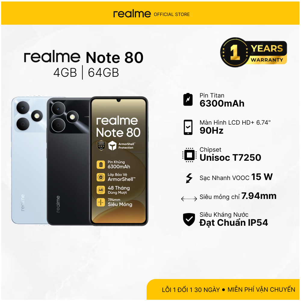 Điện Thoại realme Note 80 4GB 64GB, Pin 6300mAh, Chip Unisoc T7250, Màn hình 90Hz, Siêu mỏng 7.94mm