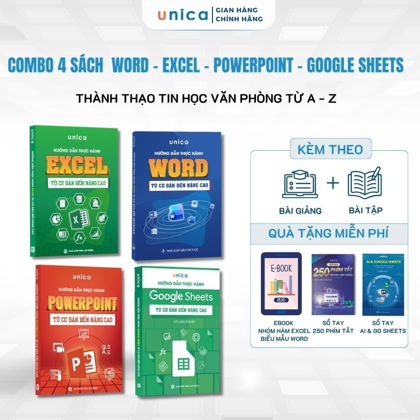 Combo 4 Sách Word - Excel - Powerpoint - Google Sheets Unica Thành Thạo Tin Học Văn Phòng Từ A-Z