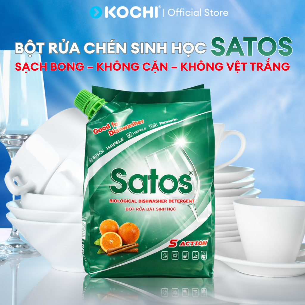 Bột rửa chén bát sinh học SATOS 1.2KG - Sạch bóng - Không Cặn - Không vệt  - Dùng cho máy rửa chén b