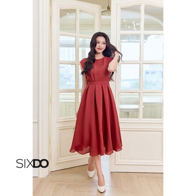 Đầm tơ dáng xòe dài cổ tròn tay hến SIXDO (Russet Organza Flared Dress)