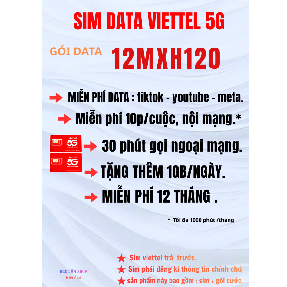 [ 12MXH120 ] SIM VIETTEL.  free data MXH. 10p/cuộc gọi viettel. 30p gọi ngoại mạng. 1gb/ngày.