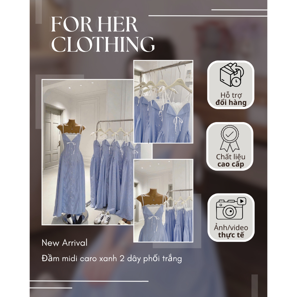 Đầm midi caro xanh 2 dây phối trắng FOR HER CLOTHING