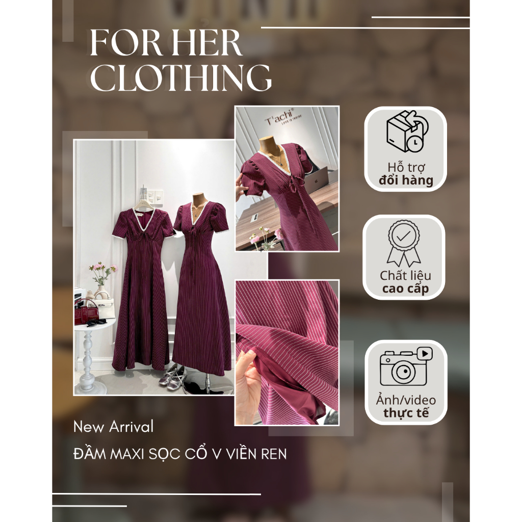 Đầm maxi sọc cổ V viền ren FOR HER CLOTHING
