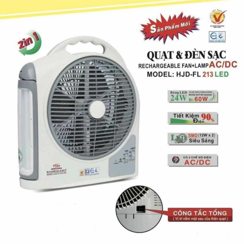 Quạt sạc tích điện Honjianda HJD-FL203LED (2 bình)-10 inch đèn led 2 chế độ sáng - thời gian sử dụng