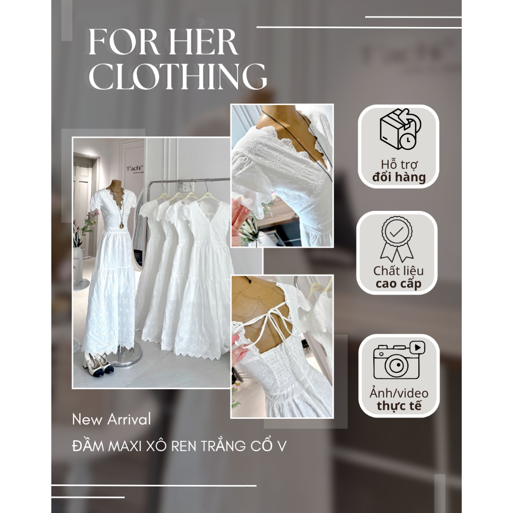 Đầm maxi xô ren trắng cổ V FOR HER CLOTHING