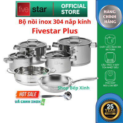 Bộ nồi và chảo chống dính vân đá inox 304 cao cấp Fivestar Plus 5 món nắp kính