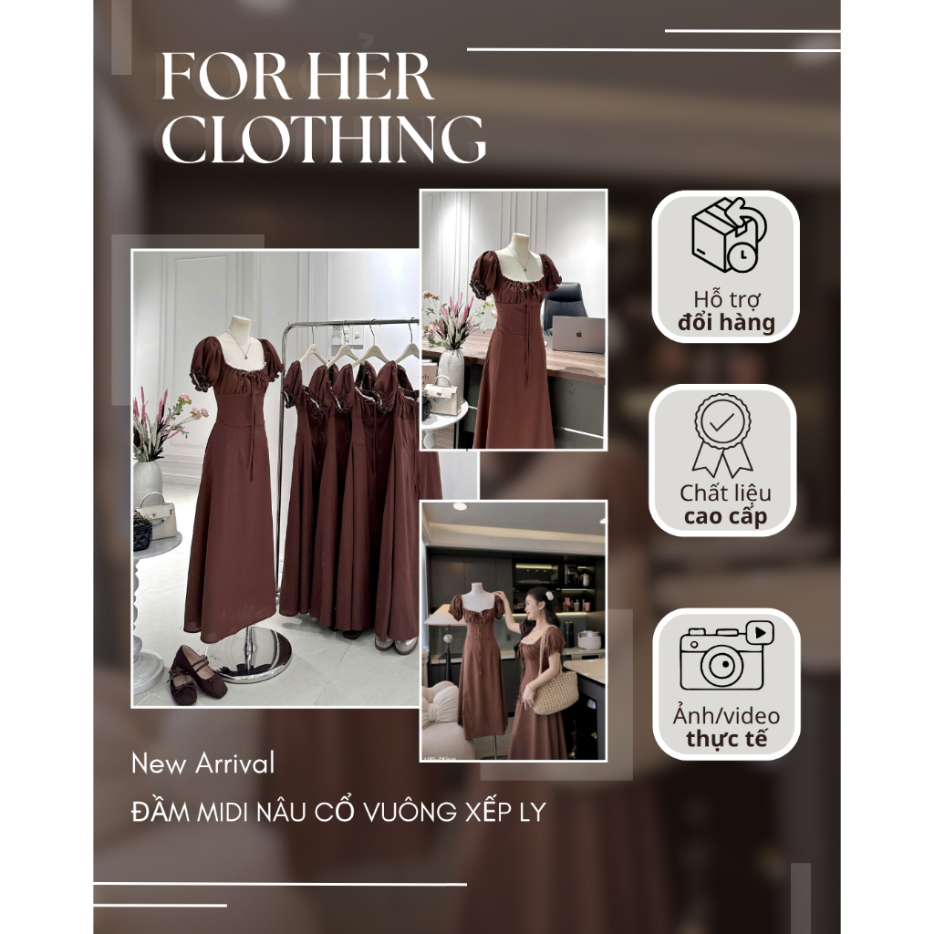 Đầm midi nâu cổ vuông xếp ly FOR HER CLOTHING