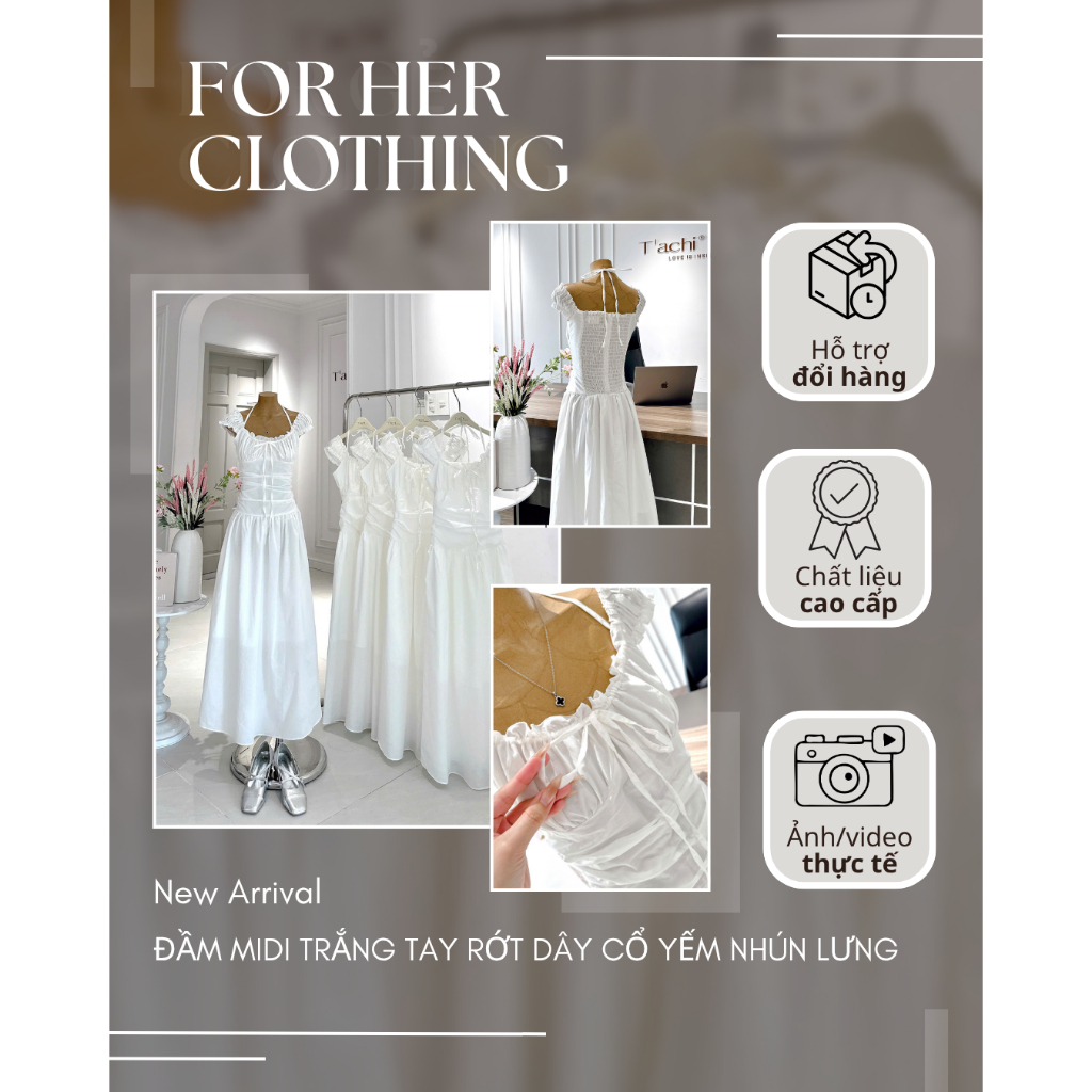 Đầm midi trắng FOR HER CLOTHING tay rớt dây cổ yếm nhúng lưng