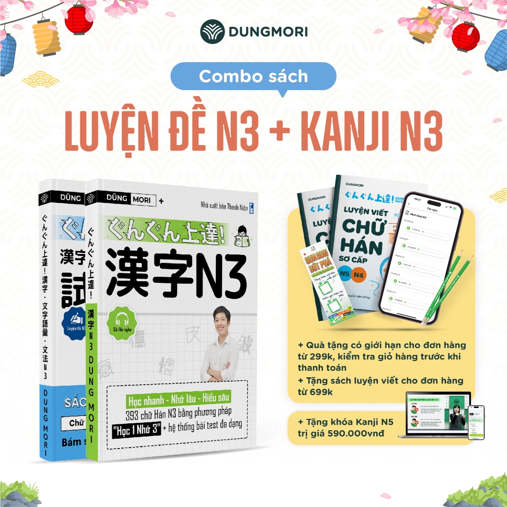 Combo Sách Luyện Kanji & Sách Luyện Thi JLPT N3 – Học Nhanh Chữ Hán Làm Đề Điểm Cao Dũng Mori