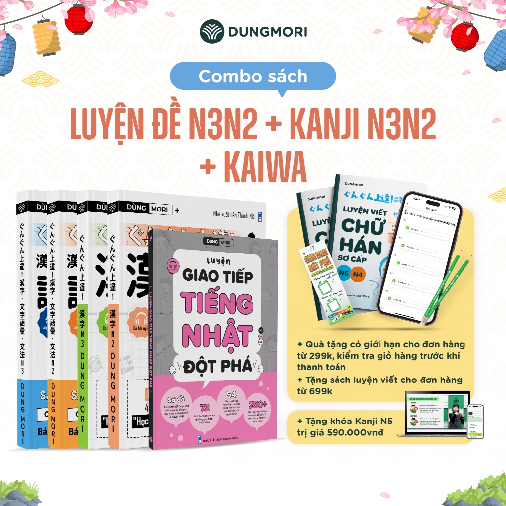 Combo thành thạo tiếng Nhật 5 cuốn sách Kanji N3, Kanji N2, Luyện đề N3, Luyện đề N2, Kaiwa giao tiế