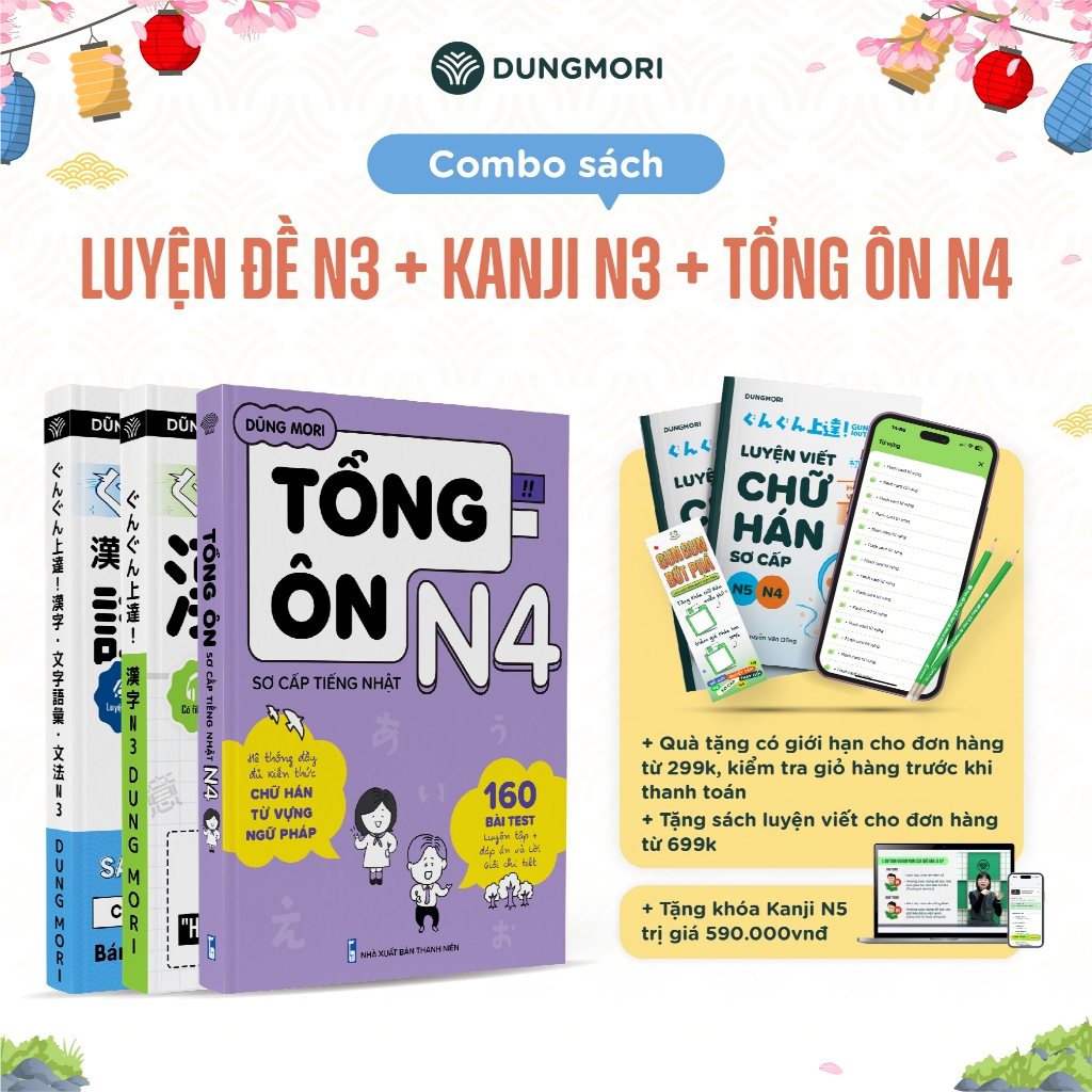 Combo 3 cuốn sách luyện thi N3 luyện kanji N3 và tổng ôn N4 tiếng Nhật DungMori